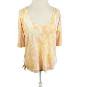 Prana Orange Cream Marble Top Scoop neck Tie Side Relaxed Tee Size L Boho
